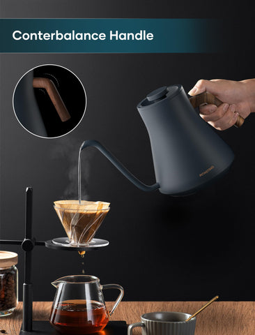 INTASTING kettle in temp hold mode keeps water warm for pour-over.