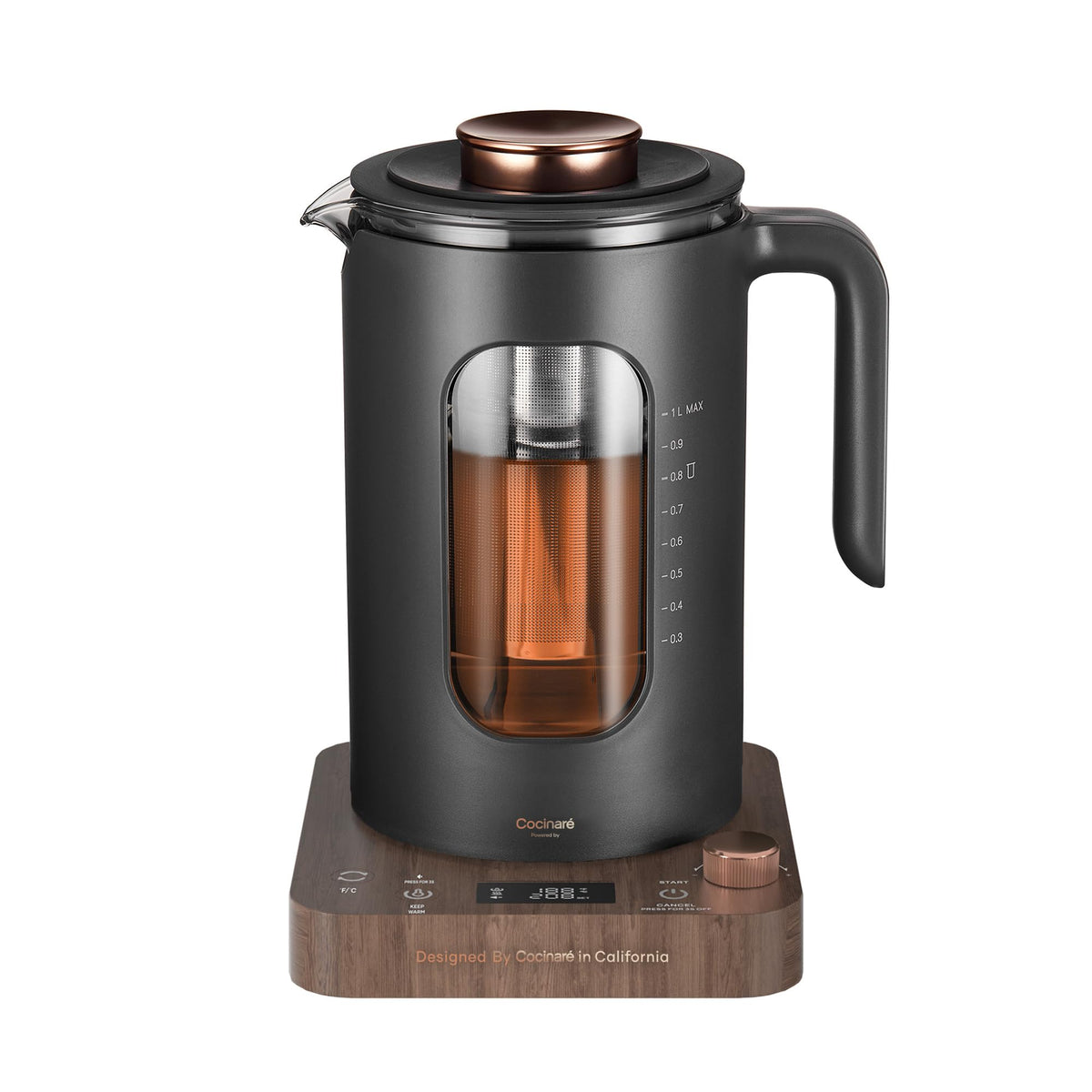 INTASTING glass electric kettle with tea infuser for precise tea brewing at home.