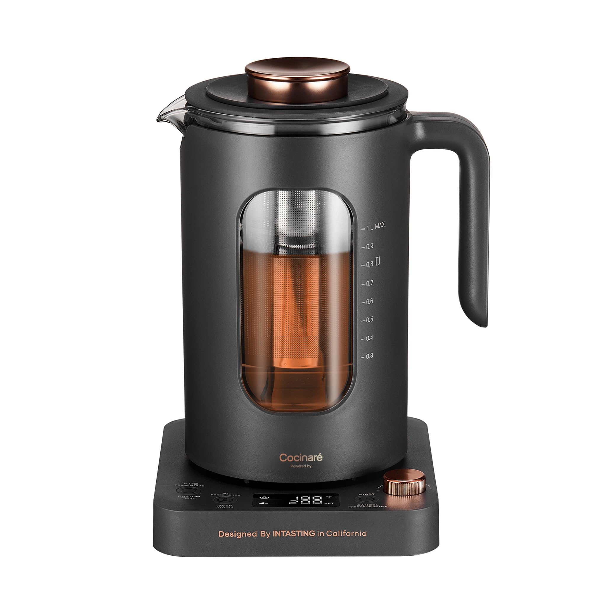 Intasting glass electric kettle with built-in tea infuser for convenient brewing.