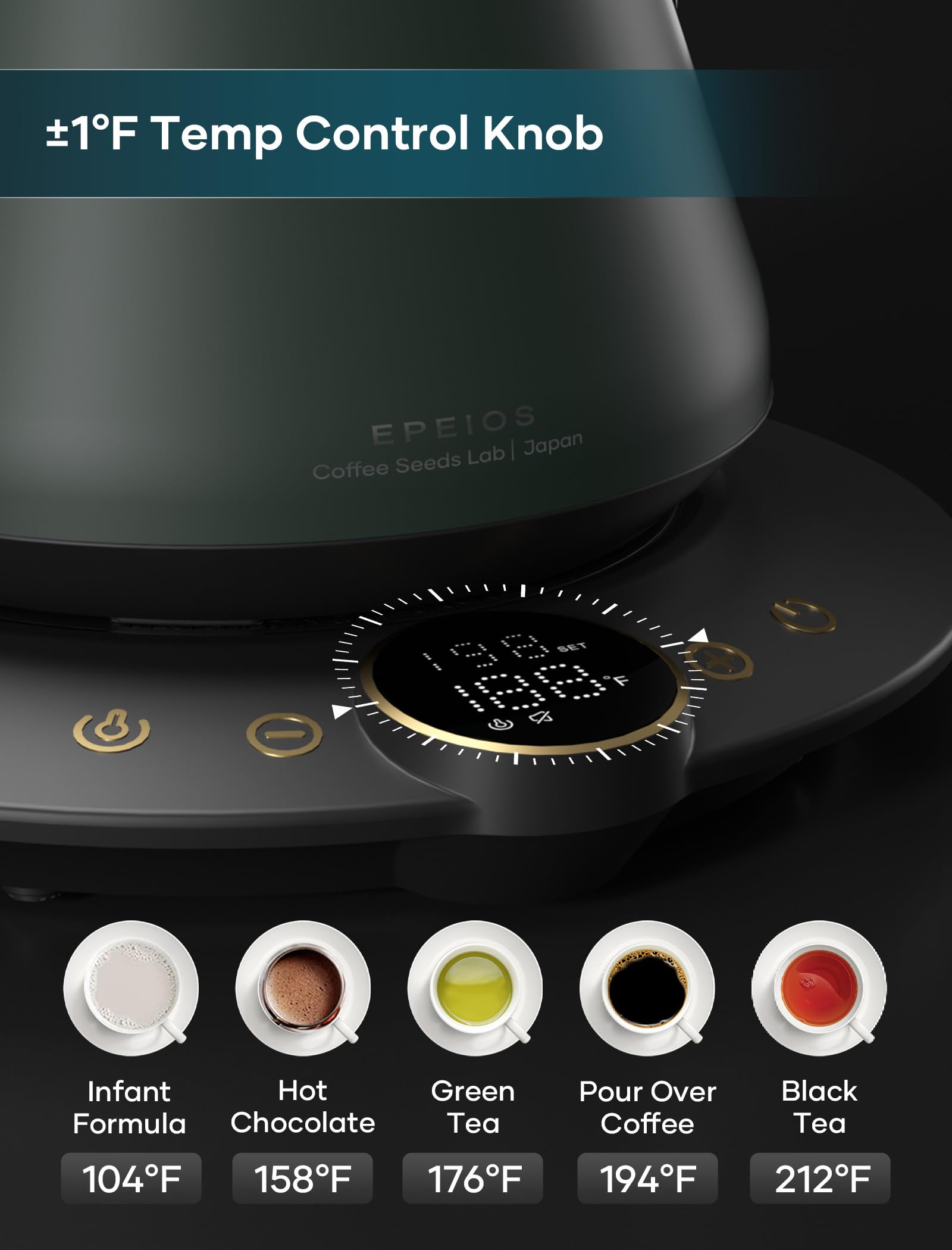 INTASTING gooseneck kettle brew timer display helps time pours for consistency.