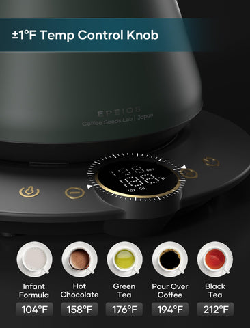 INTASTING gooseneck kettle brew timer display helps time pours for consistency.