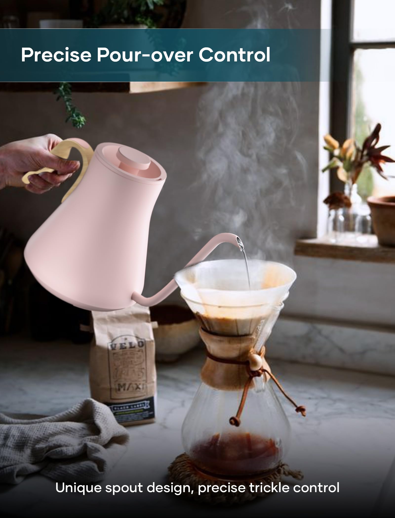 INTASTING Gooseneck Kettle pour-spout close-up showing controlled flow for pour-over