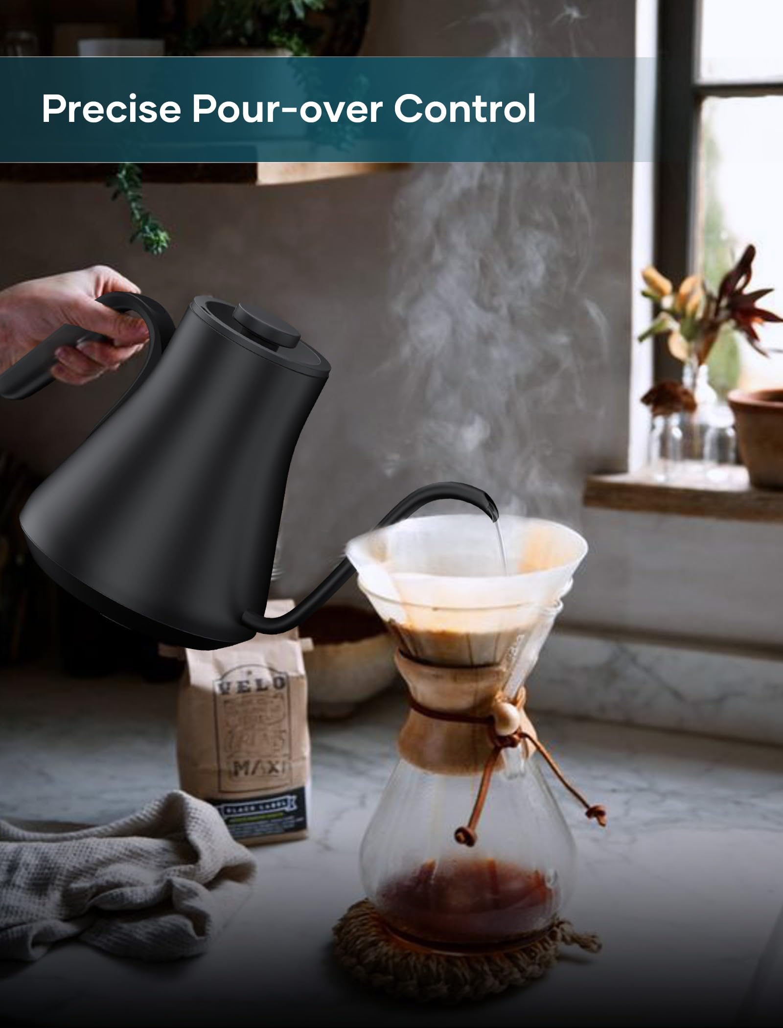 Intasting gooseneck kettle temperature control display helps reach ideal brew temps.