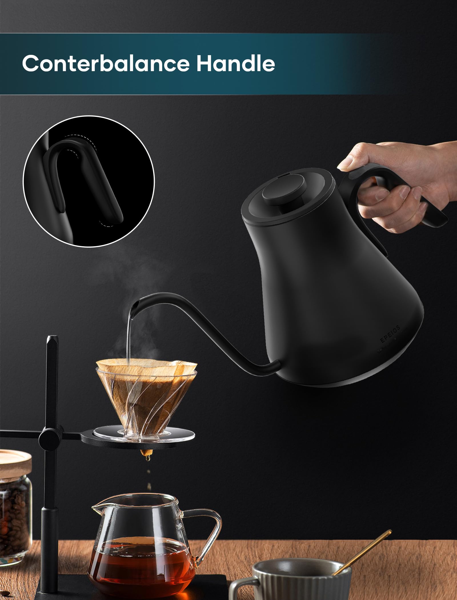 Intasting gooseneck kettle shows ±1℉ precision, consistent coffee or tea results.