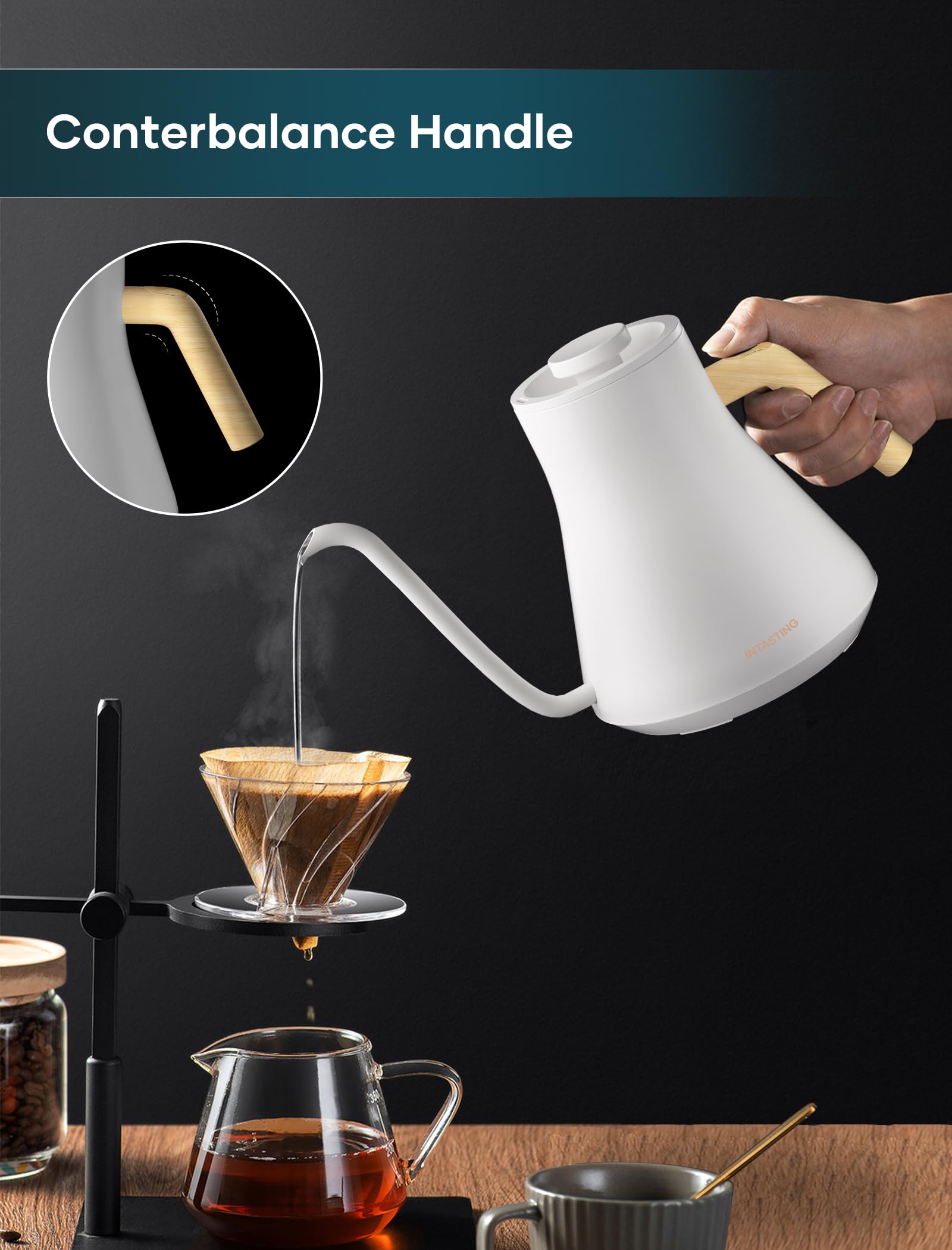 INTASTING gooseneck spout enables controlled pour-over flow