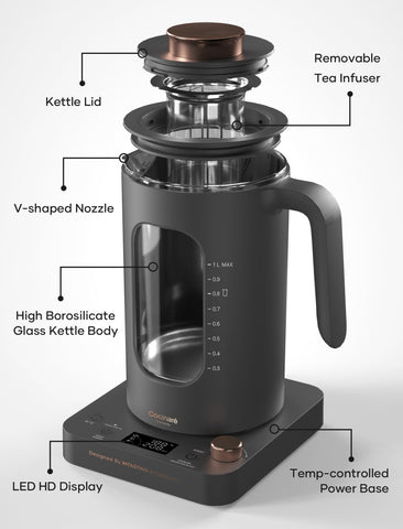 Intasting kettle with precision temperature control knob for exact brewing.
