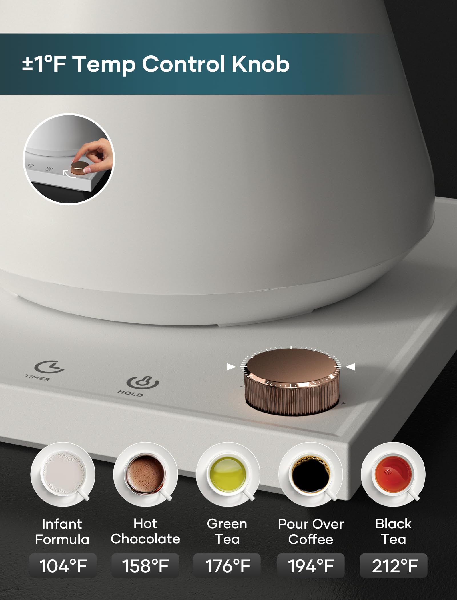 INTASTING kettle temperature display showing accurate ±1℉ control