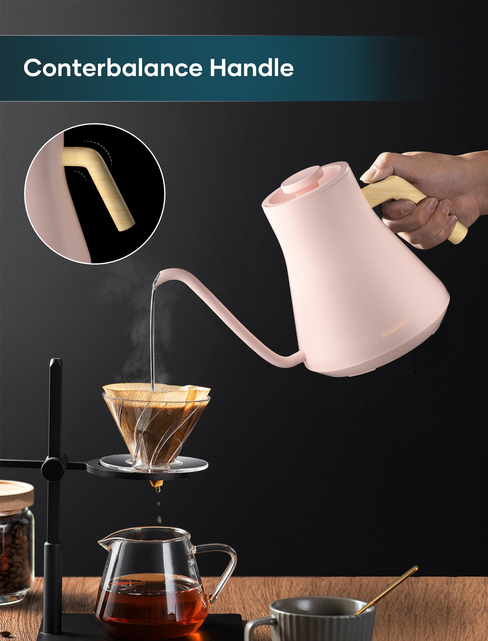 Intasting pink gooseneck kettle hold function maintains ready warmth