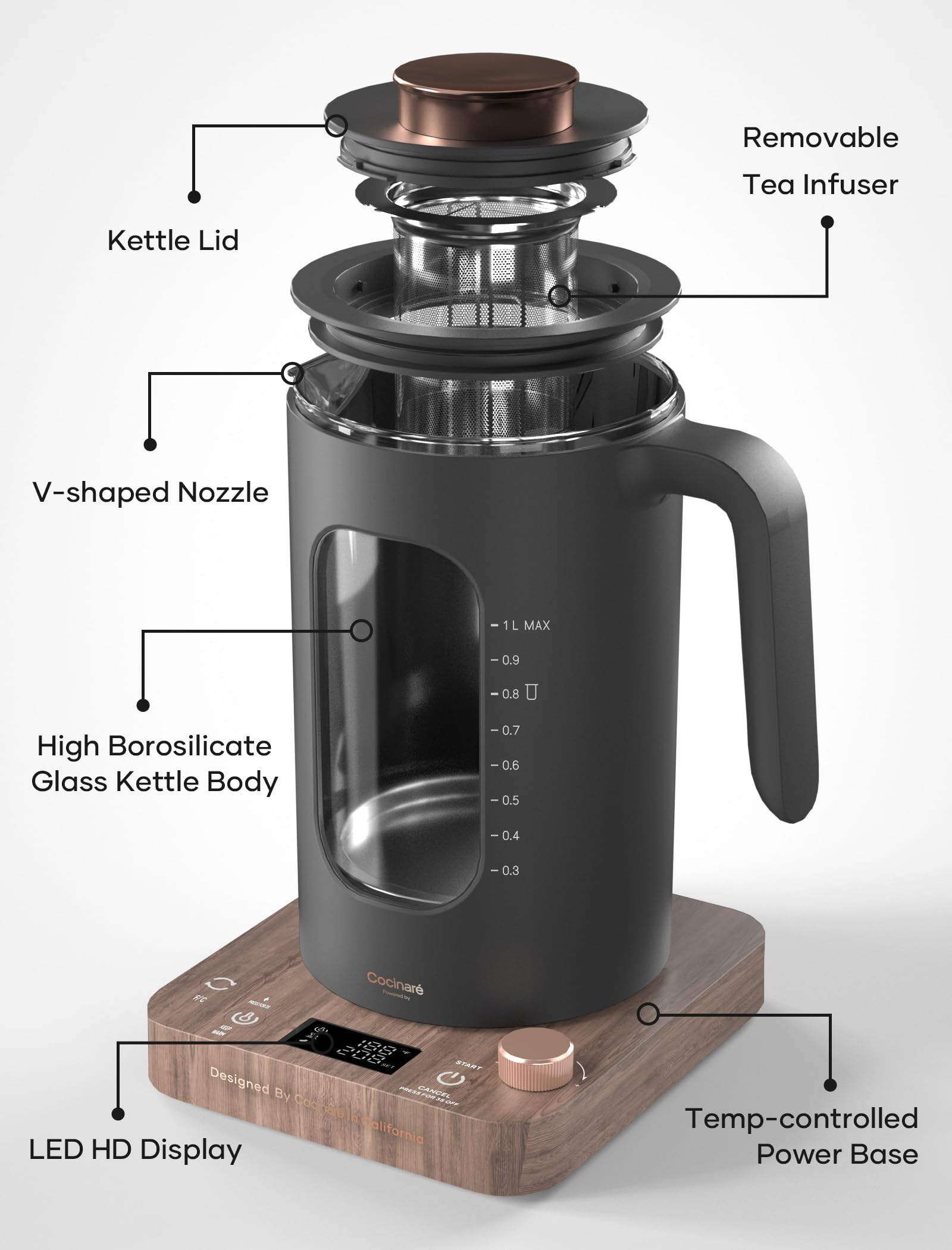 INTASTING wood-finish kettle with temperature knob for customizable hot beverages.