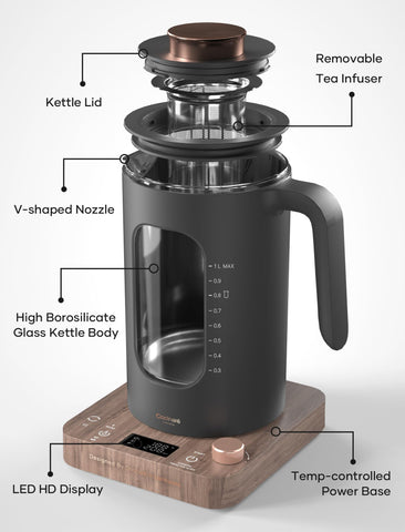 INTASTING wood-finish kettle with temperature knob for customizable hot beverages.