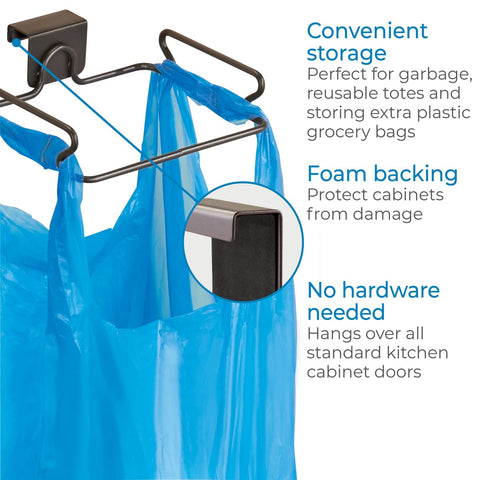 Close-up of InterDesign Classico bronze finish over-cabinet bag holder