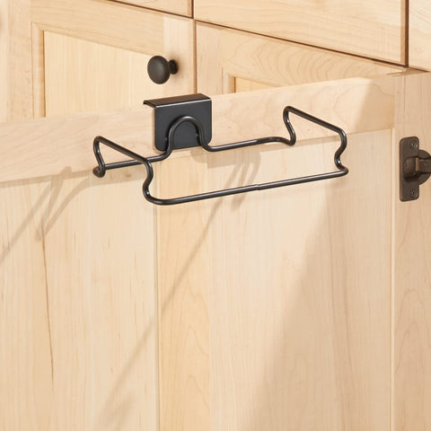 InterDesign Classico bag holder in use over cabinet door for organized bags