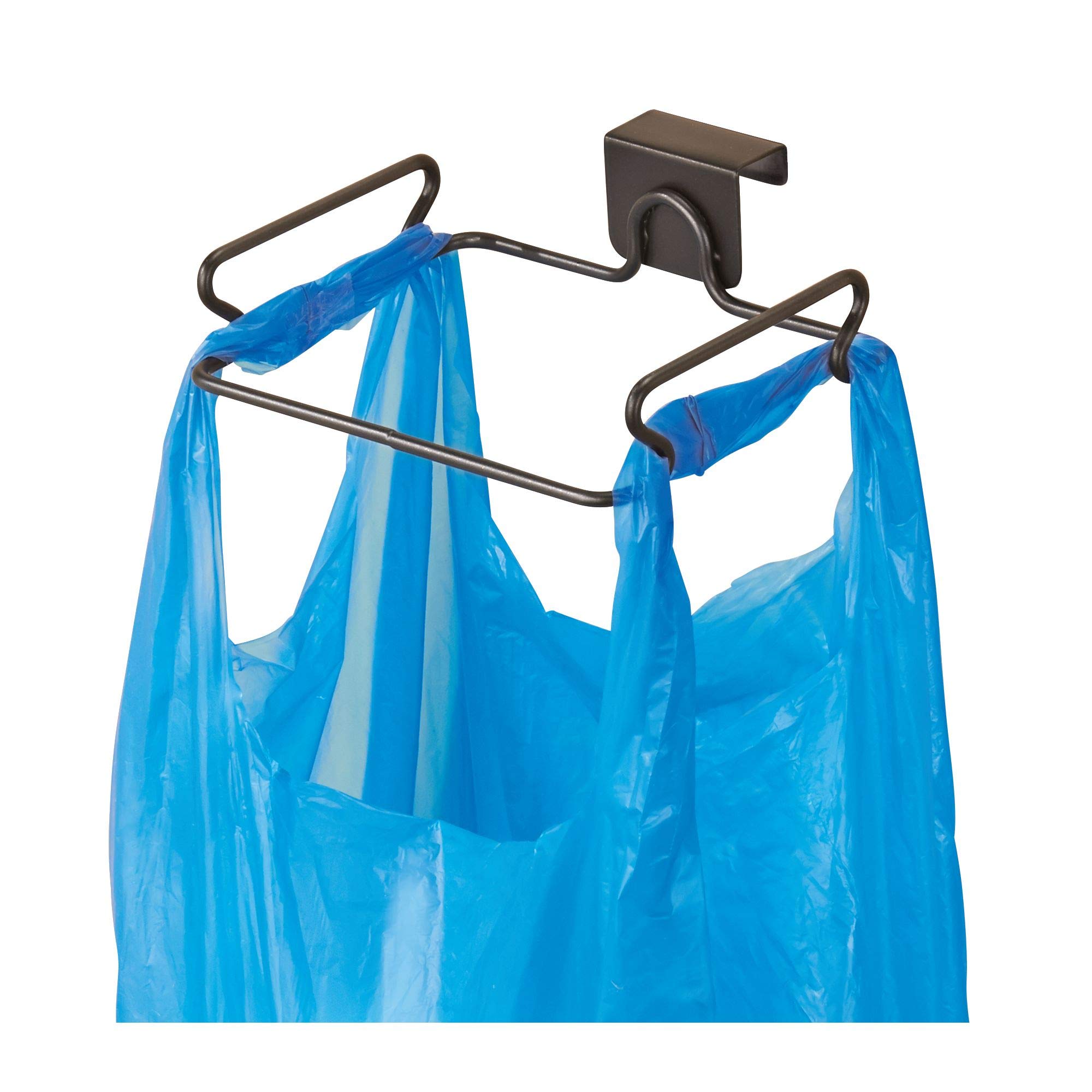 InterDesign Classico over-cabinet bag holder in bronze keeps bags neatly stored