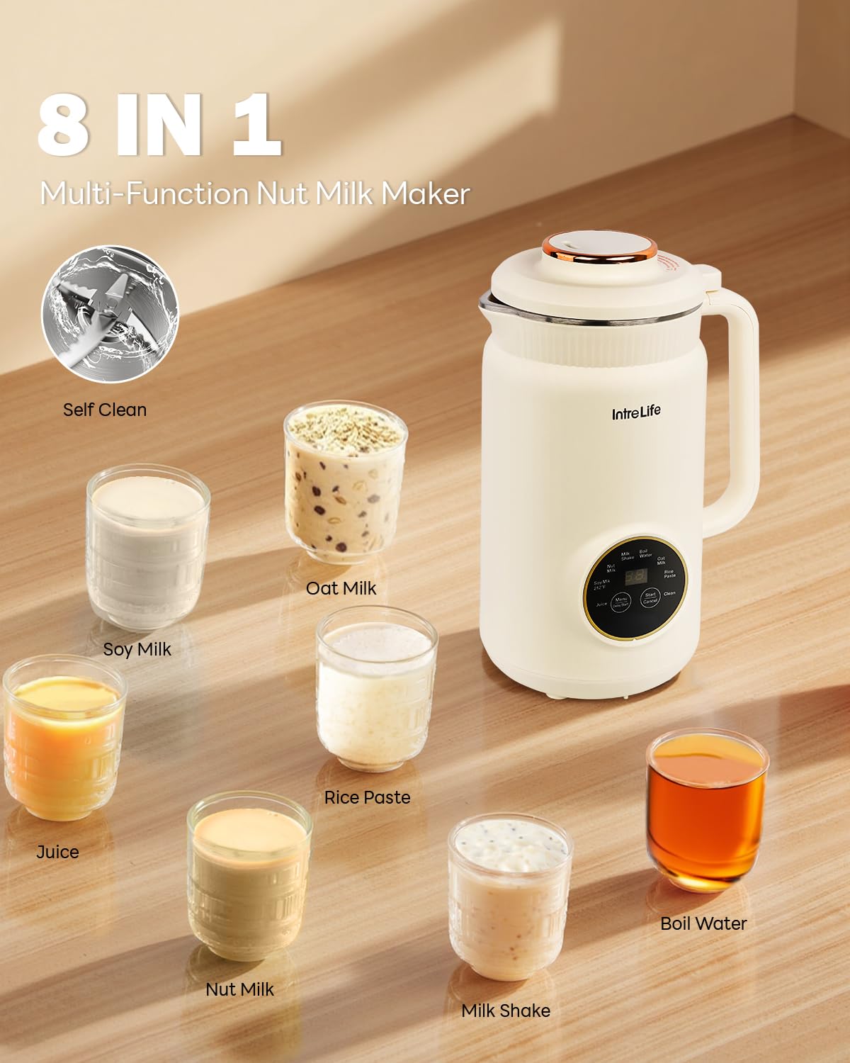 IntreLife 8-in-1 control panel with one-touch convenience for soy, nut, and oat milks.