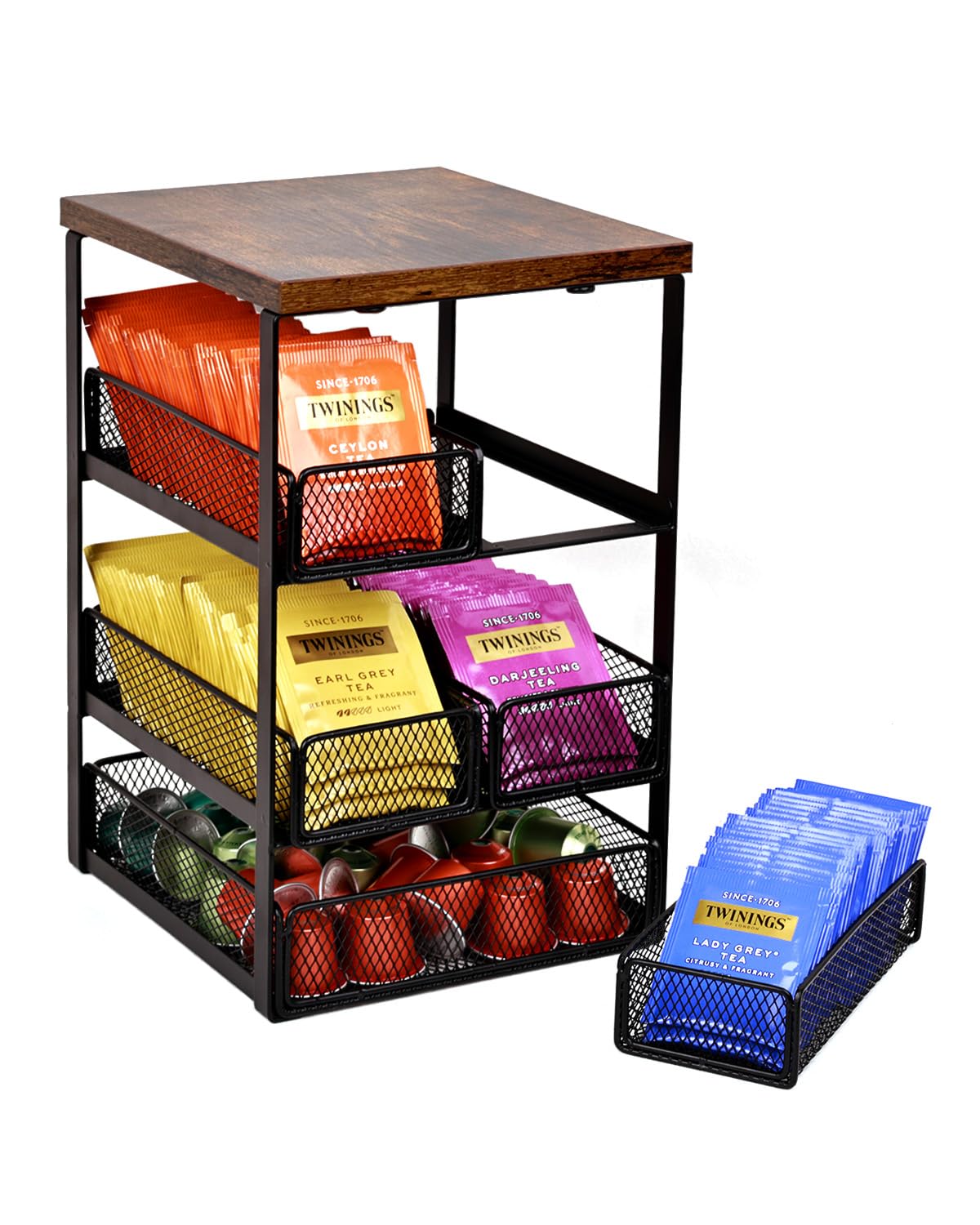 IntreLife tea bag organizer with five drawers, top view, keeps tea bags neatly accessible.