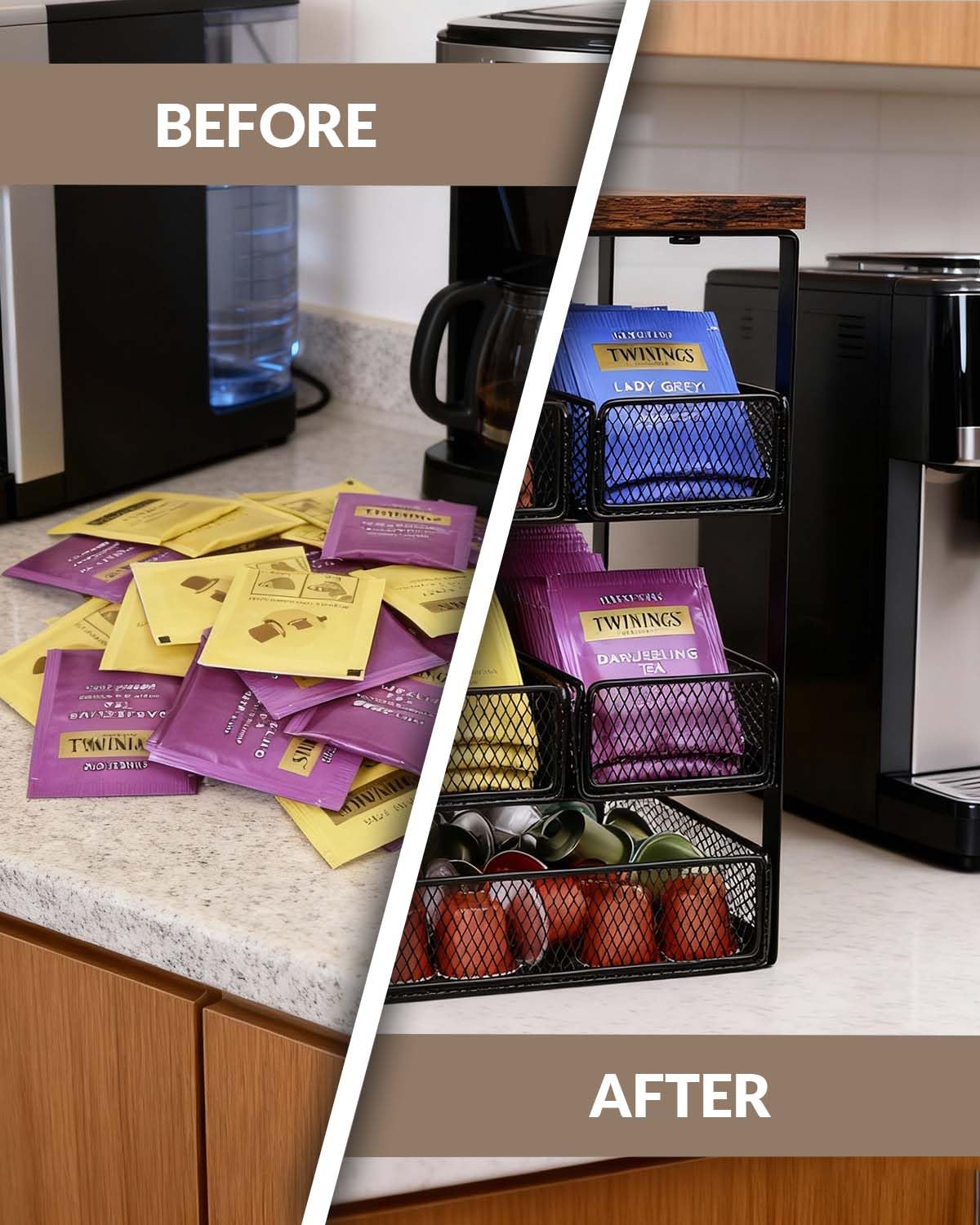 IntreLife tea bag organizer drawer open, revealing large bottom drawer for coffee pods.