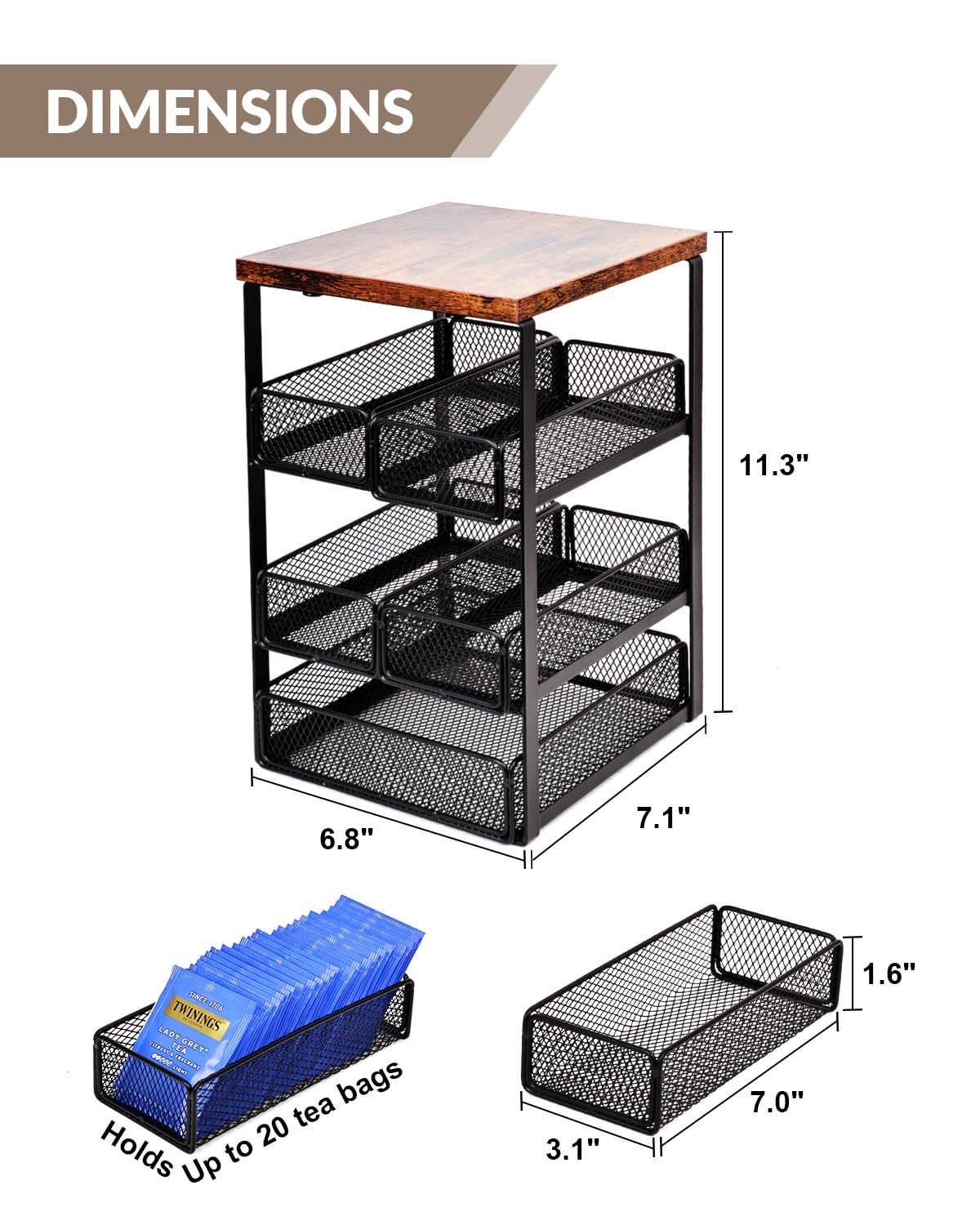 IntreLife tea bag organizer side view showing removable drawers for flexible storage.