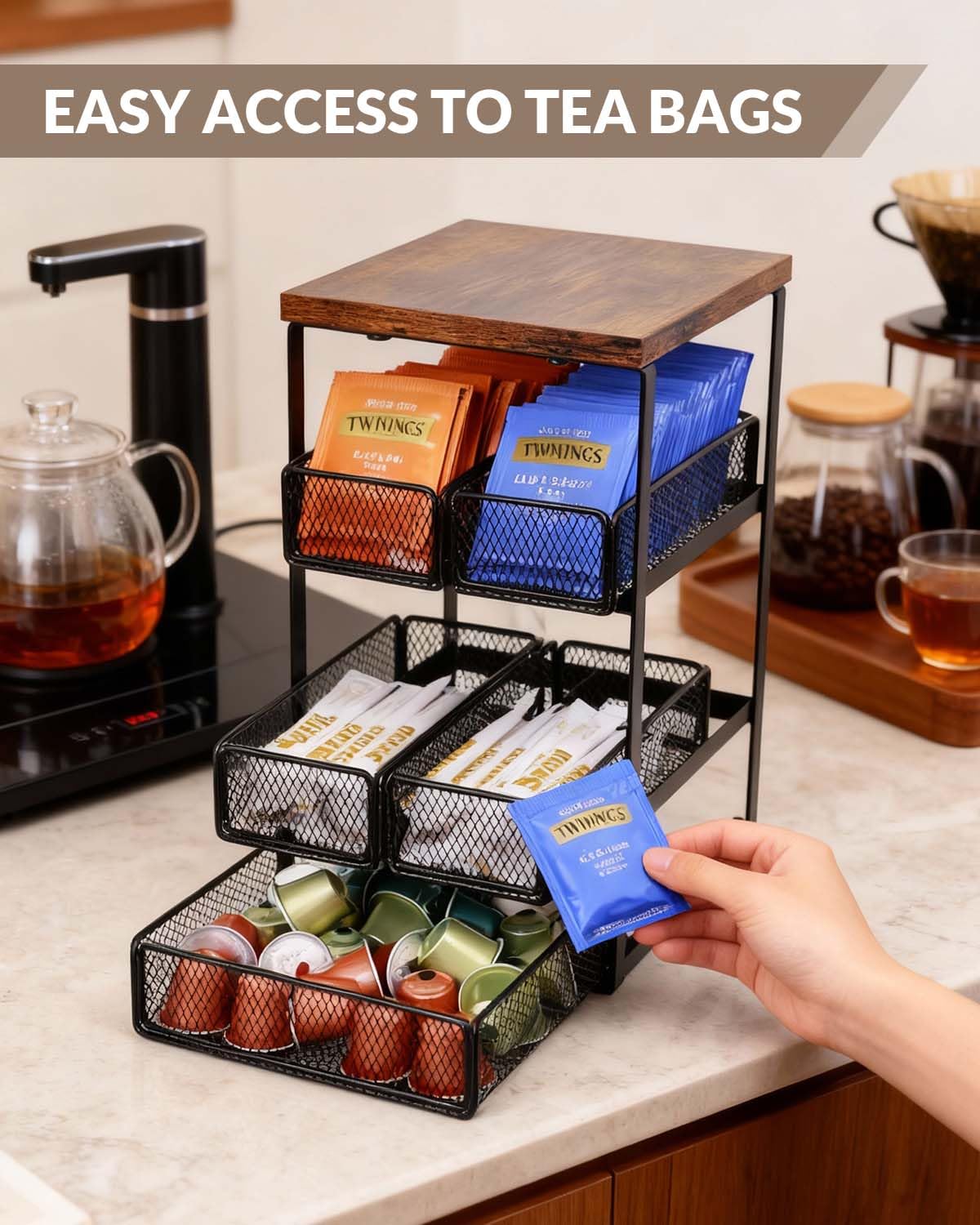 IntreLife tea bag organizer wood and iron frame for a durable modern kitchen.