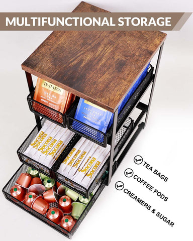 IntreLife counter organizer in farmhouse style, keeps creamer and tea packets tidy.