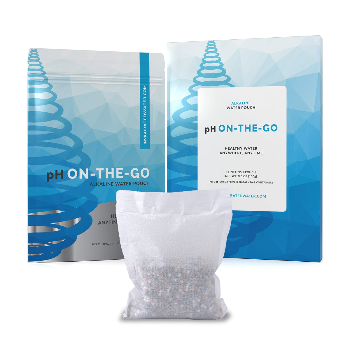 Invigorated Water pH On-The-Go pouch bottle attachment demonstrates portable, alkaline filtration for on-the-move hydration.