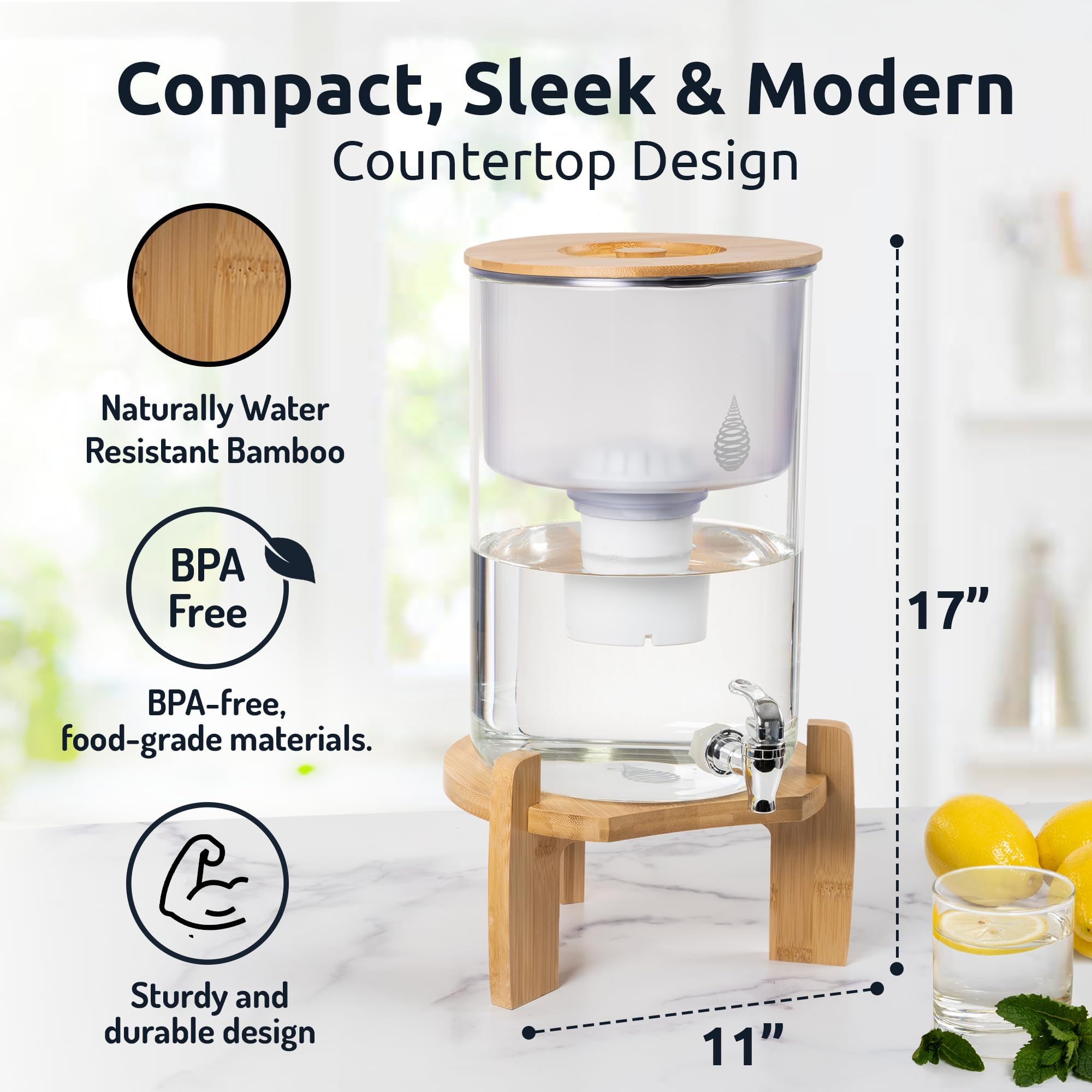 Invigorated Water ph-recharge glass-wood design highlights modern kitchen appeal.