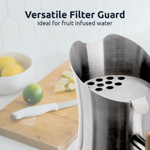 Invigorated Water pH Vitality pitcher stainless body close-up emphasizes rust resistance