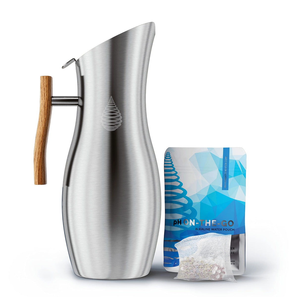 Invigorated Water pH Vitality pitcher top view showing a sleek stainless steel body for daily use