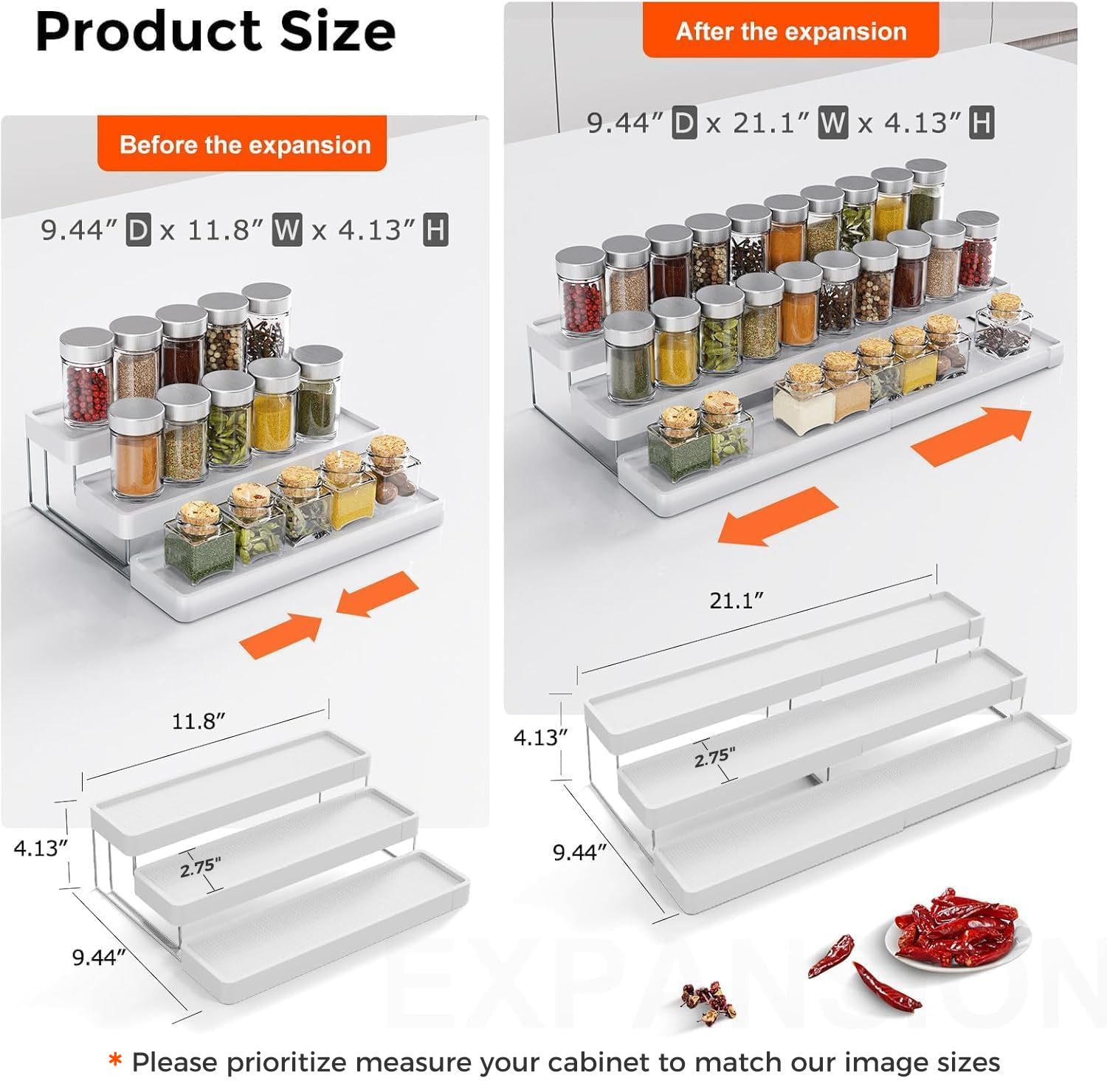 INVOCOO 3-tier cabinet rack inside a cupboard for clear, visible spice organization.