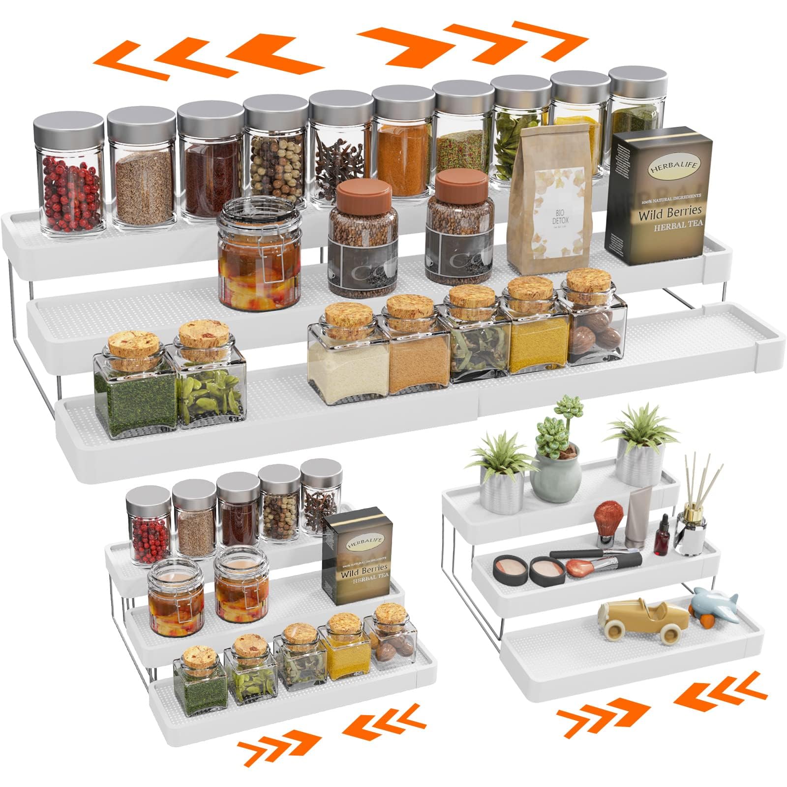 INVOCOO expandable spice rack on countertop, extended for easy access to all spices.