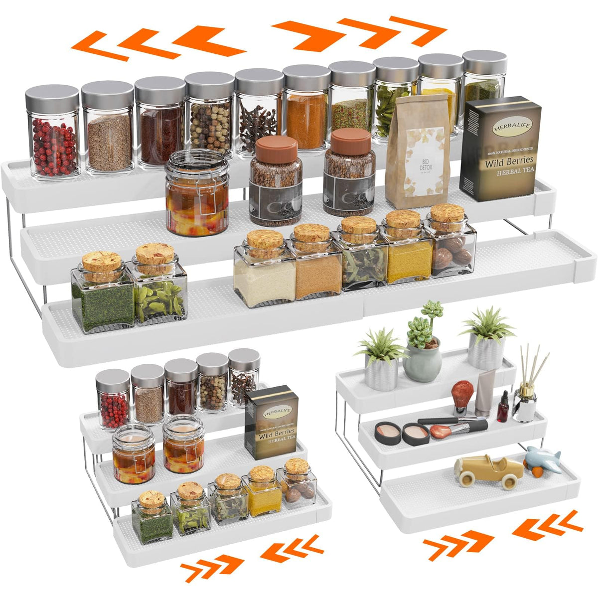 INVOCOO expandable spice rack on countertop, extended for easy access to all spices.