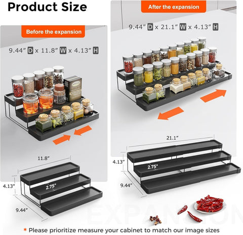 INVOCOO three-tier spice rack with stepped design for easy visibility.