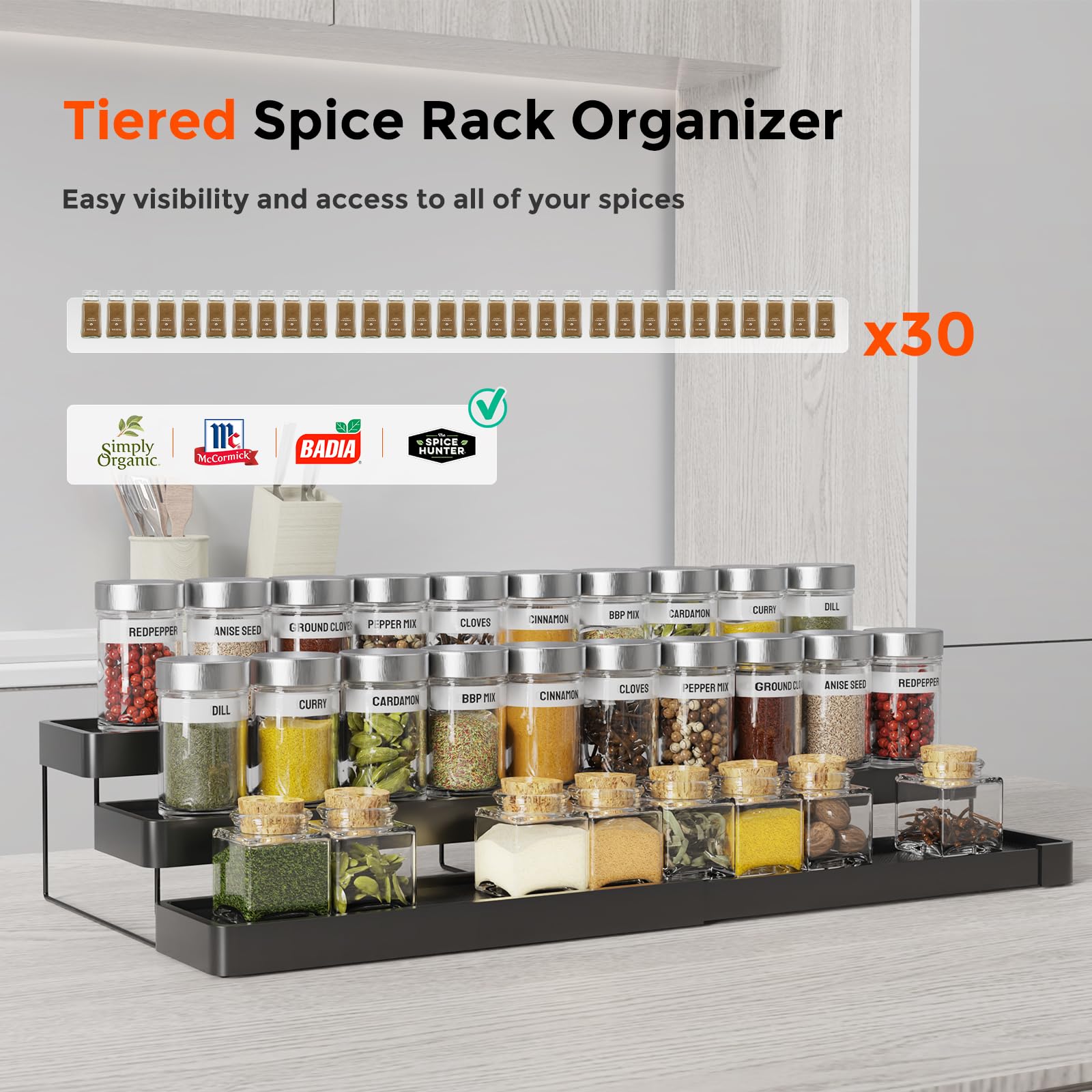 INVOCOO cabinet organizer fits most 4oz spice jars.