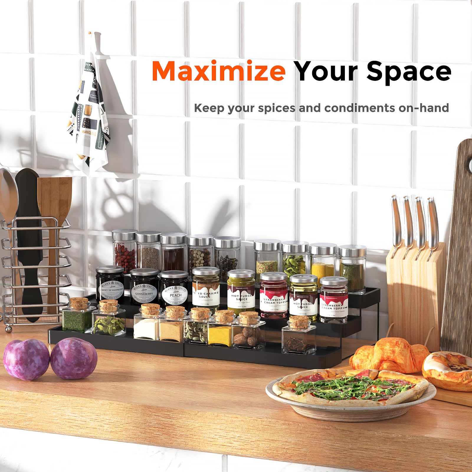 INVOCOO fence-design spice rack prevents spills during cooking.