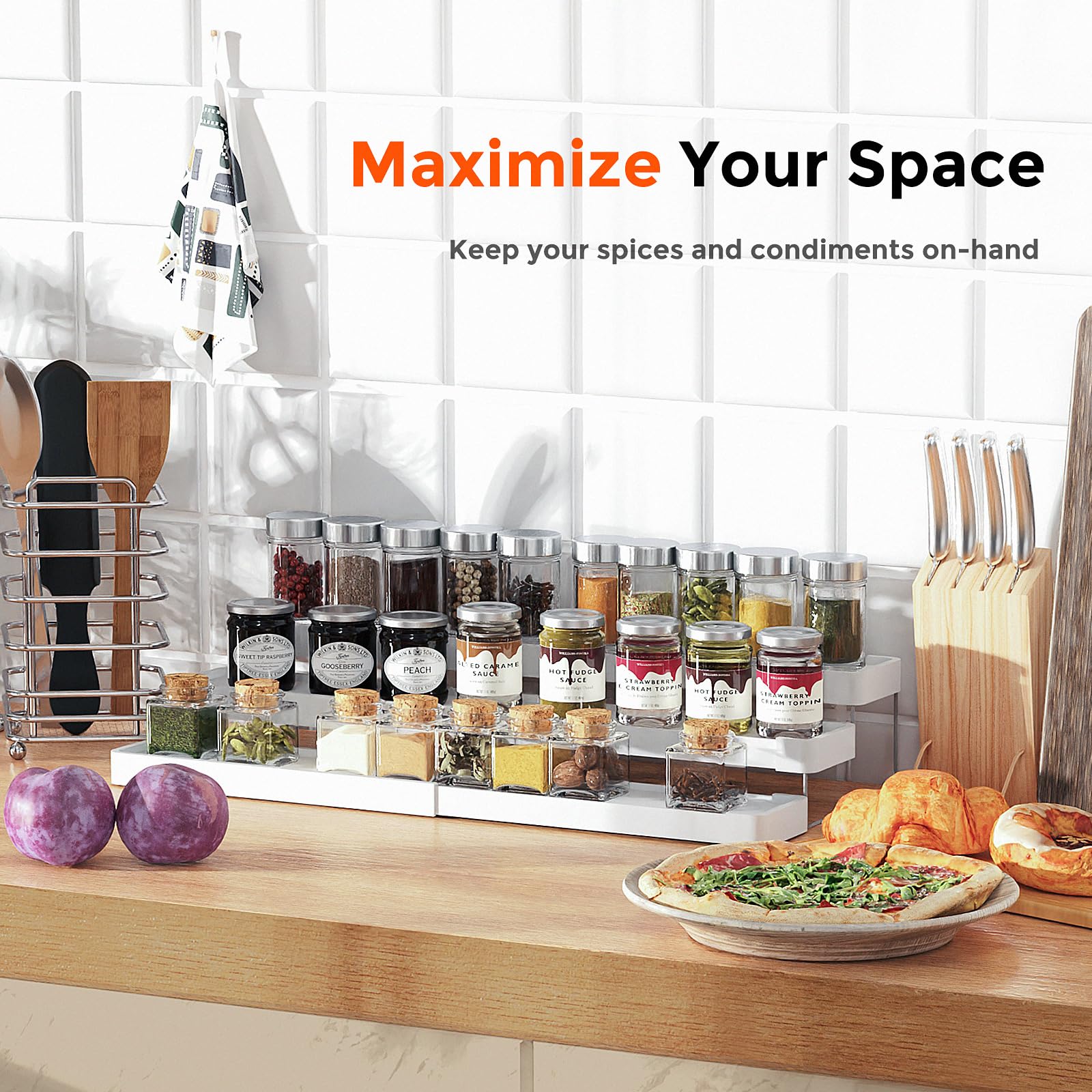 INVOCOO spice rack storing 4oz jars neatly on a shelf for quick reach.