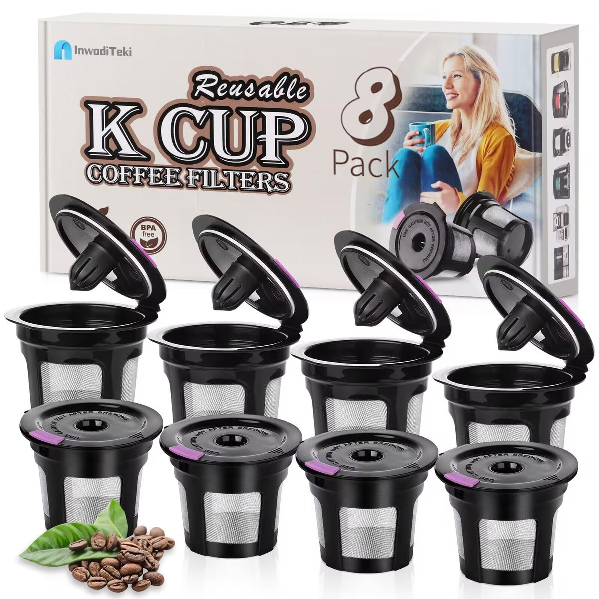 InwodiTeki 8-pack packaging image shows convenient storage for reusable K cups.