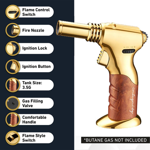 inZaynity cooking torch with adjustable flame for searing and browning.