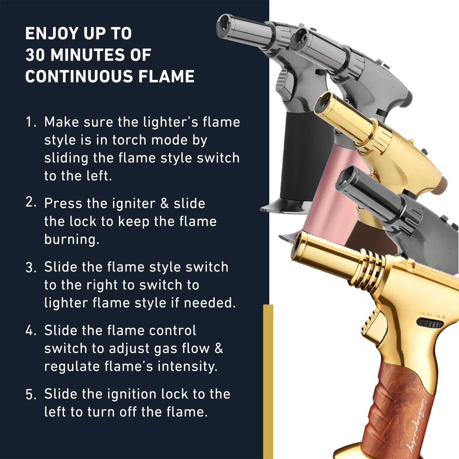 inZaynity torch with ignition lock enabling longer, controlled use.