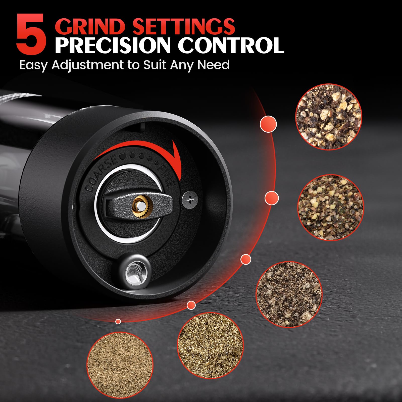 ioion grinder showing built-in LED light for precise seasoning in low light