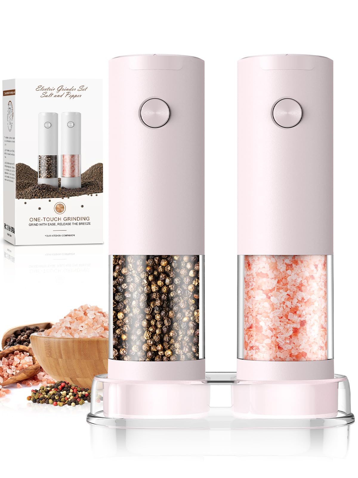 ioion salt and pepper grinder set in pink for automatic one-hand seasoning