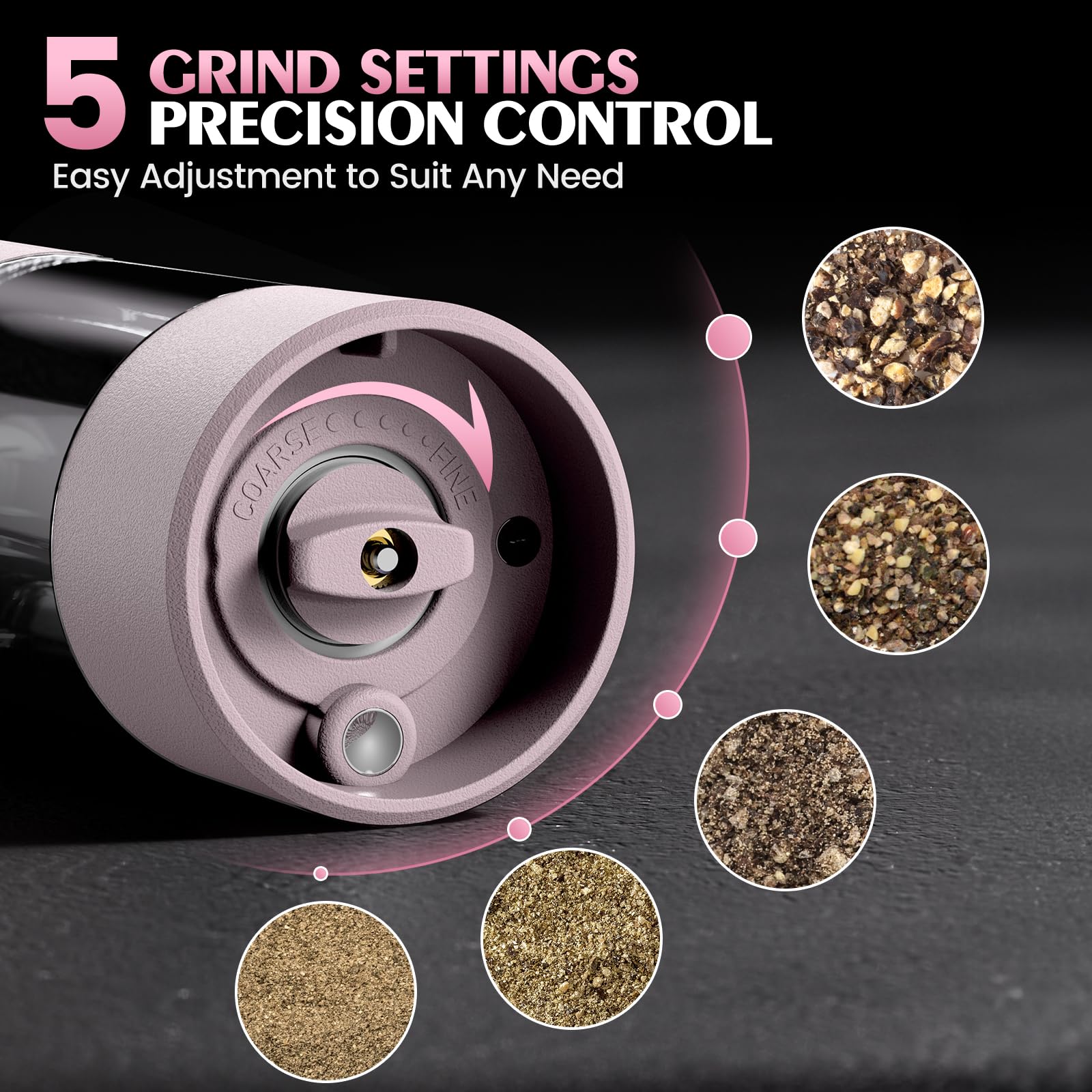 ioion salt and pepper grinder set pink with LED light guides precise seasoning at night