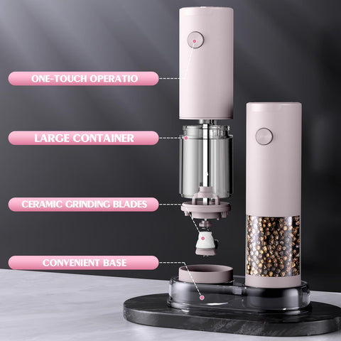 ioion pink automatic salt and pepper grinder makes cooking effortless