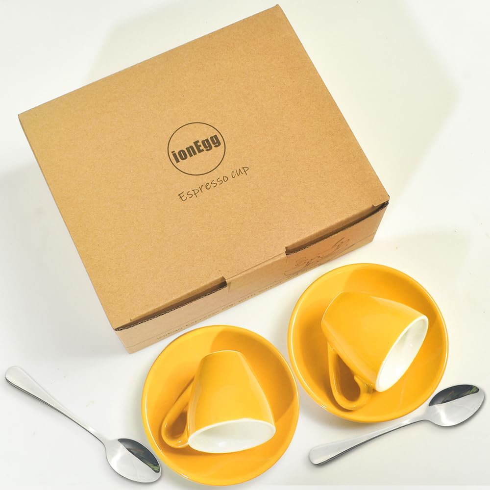 IonEgg yellow espresso set on desk adds cheerful morning ambiance