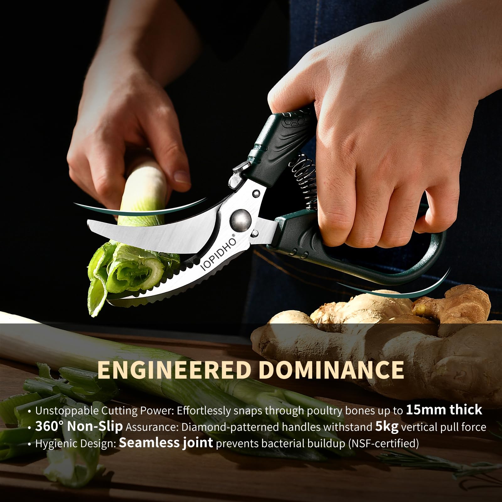 IOPIDHO heavy-duty poultry shears cutting through bones and ribs