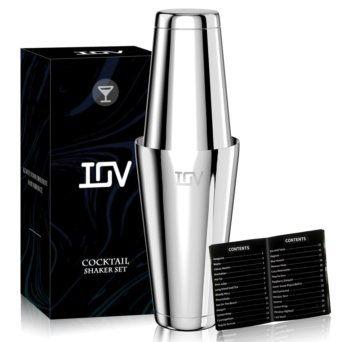 IOV Boston cocktail shaker set with 18oz and 28oz tins for easy, mess-free mixing.