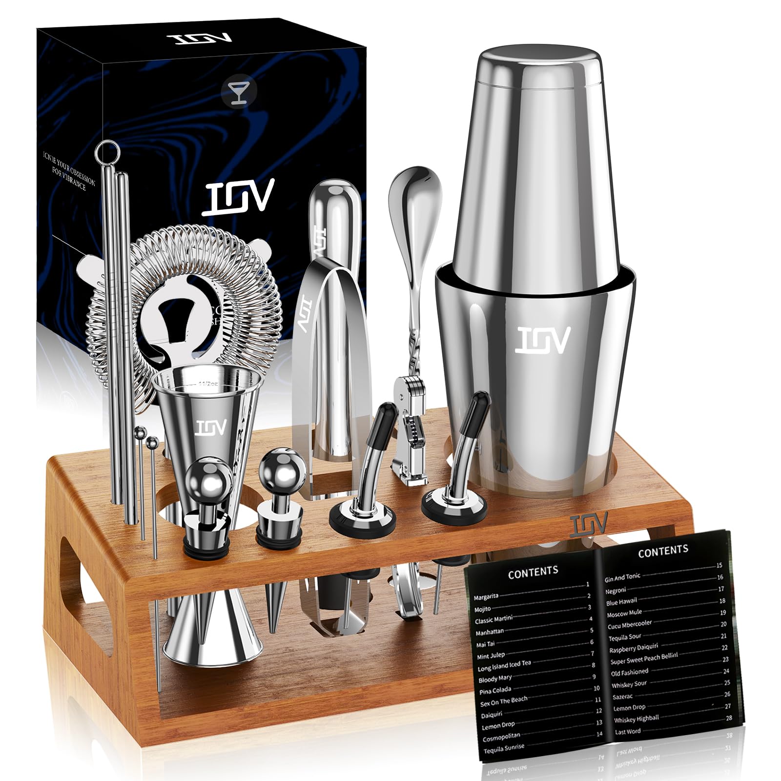 IOV Mixology Bartender Kit on stand organized tools for home bartending