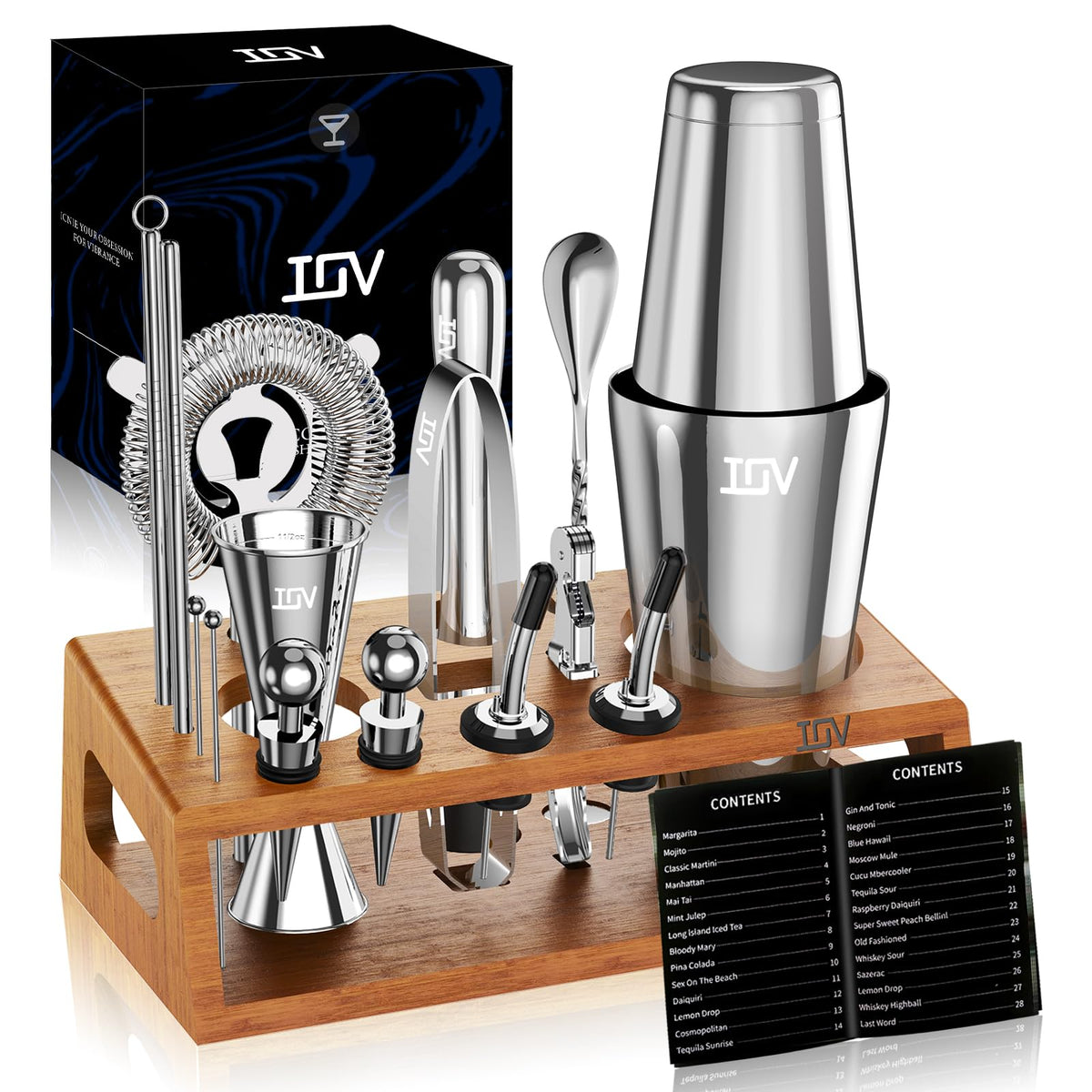 IOV Mixology Bartender Kit on stand organized tools for home bartending