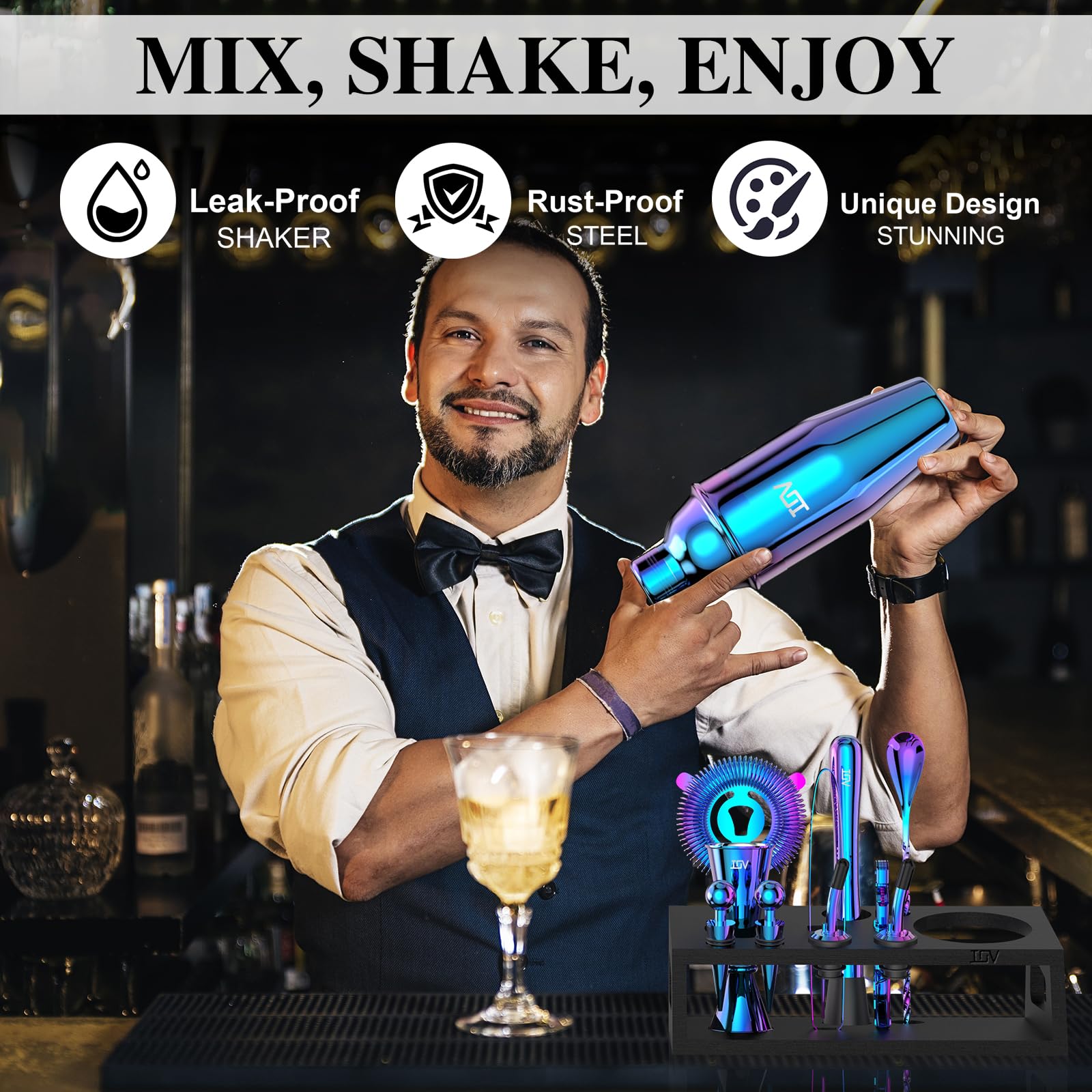 IOV Rainbow shaker 24oz highlights vibrant color for fun cocktail making.