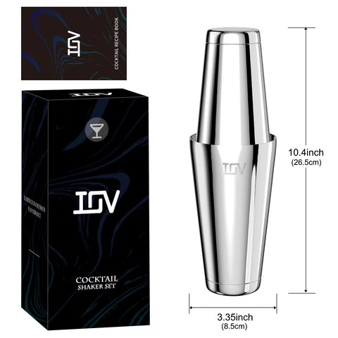 Close-up of IOV stainless steel shaker tins showing durable construction.