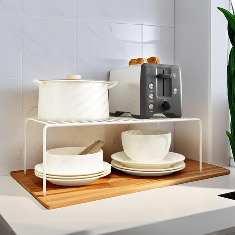 White metal shelves overview showing two large shelves for pantry storage.