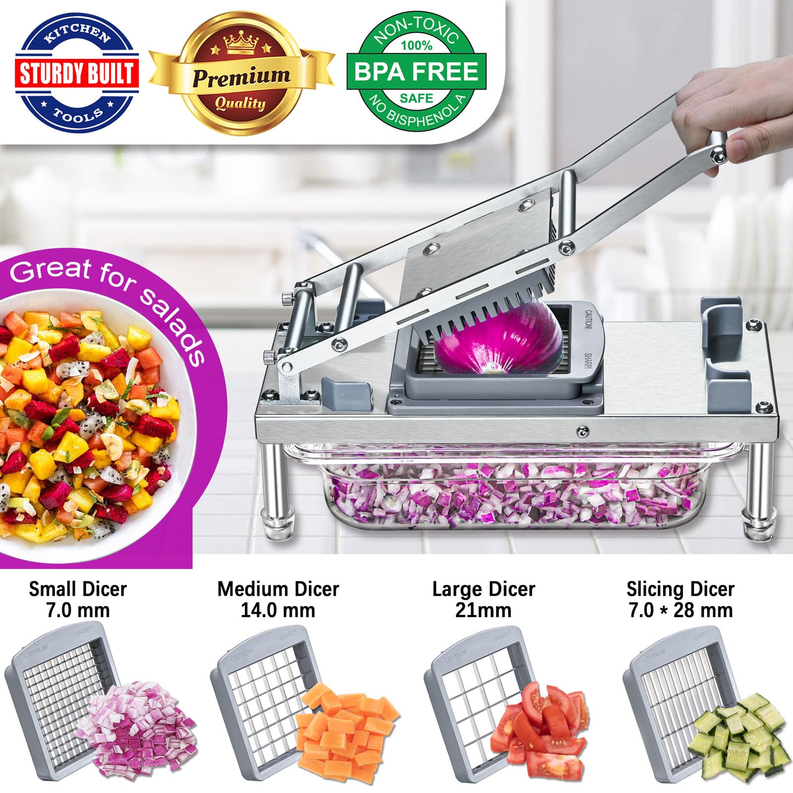 IPOVIPO onion dicer with container keeps chopped onions neatly contained.